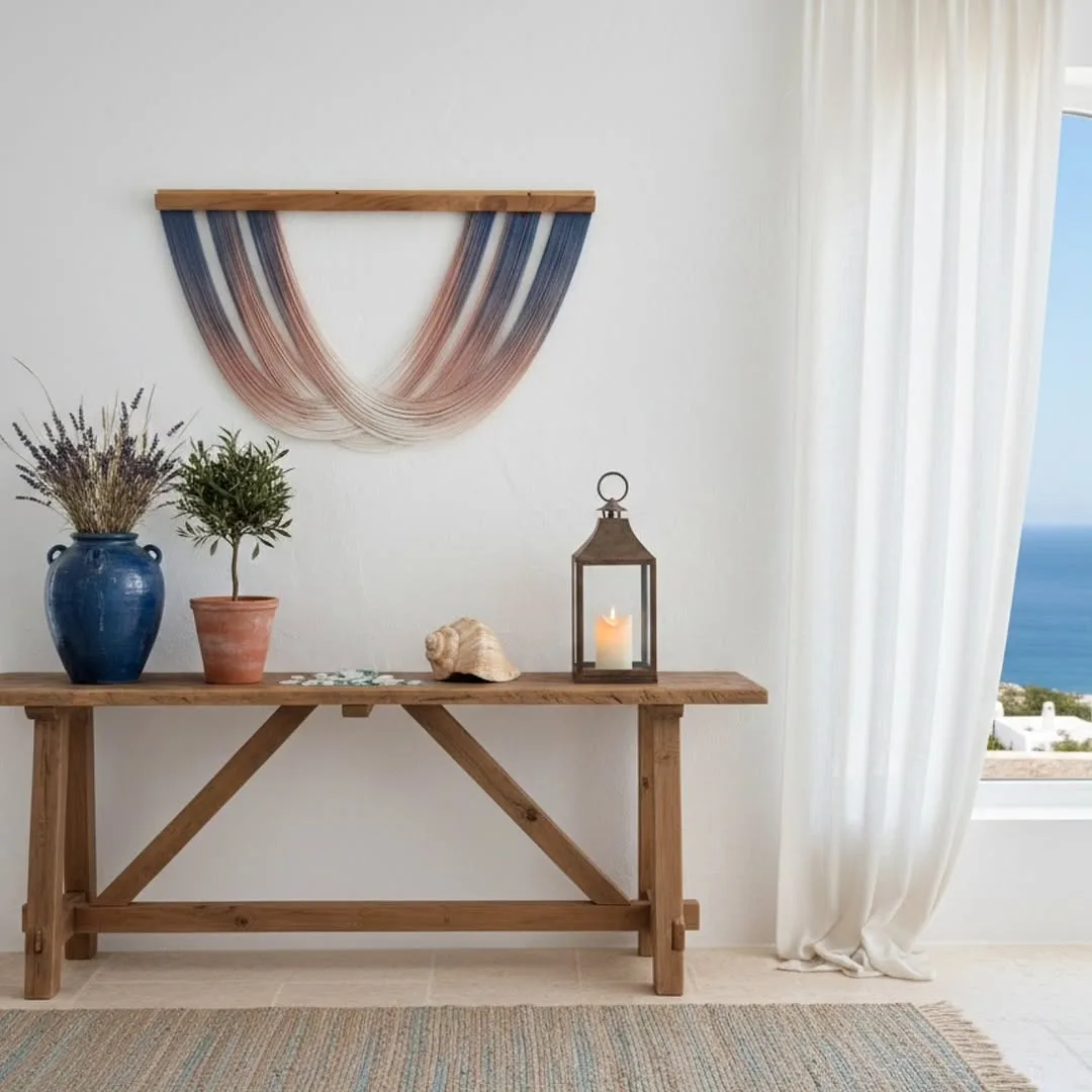 Escultura textil colgante con fibras naturales